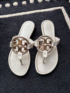 Tory Burch White Sandal with Gold Logo Medallion